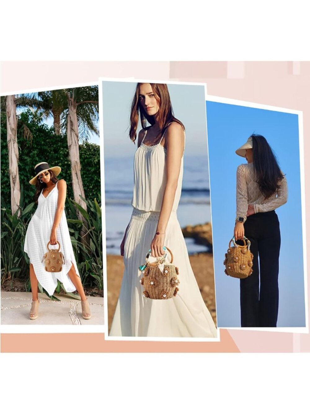 Chic Flower Pearls Rattan Tote Bag | Summer Beach Drawstring Straw Bucket Bag - Picture 2 of 10